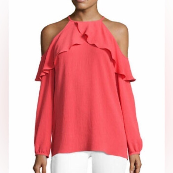 MICHAEL KORS MK COLD SHOULDER RED FLOUNCE LONG SLEEVE TOP - Picture 1 of 6